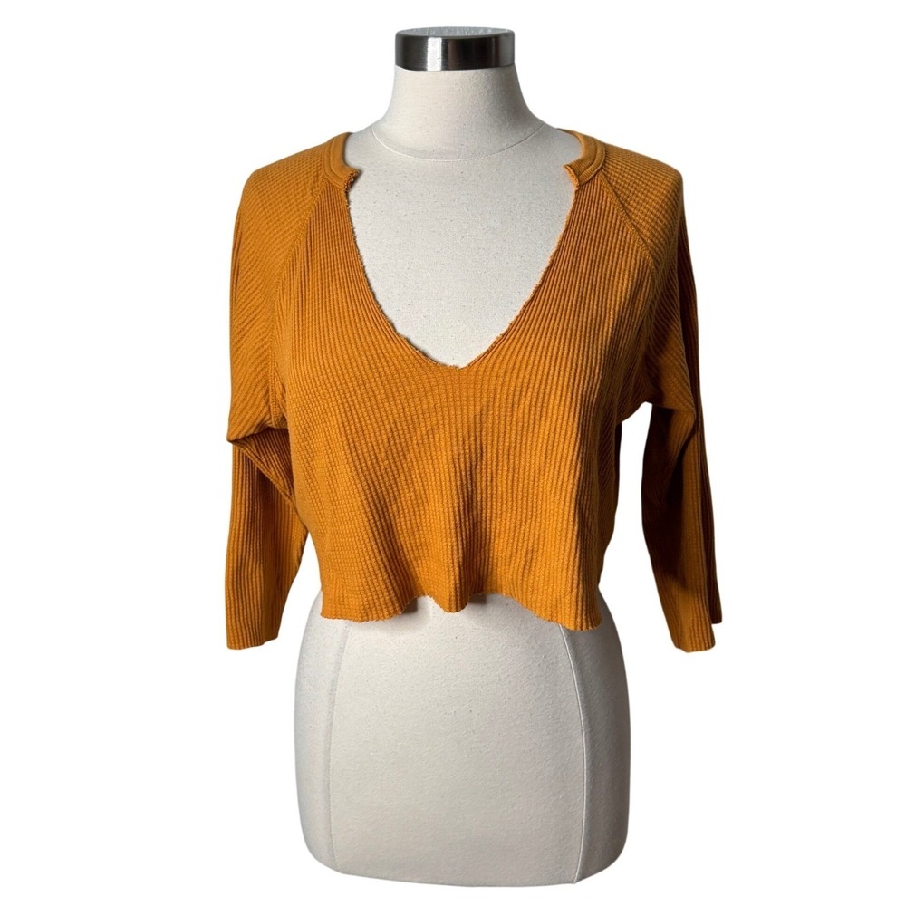 Urban Outfitters BDG Orange Waffle Knit Cropped V-Neck Thermal Top Womens‎ XS